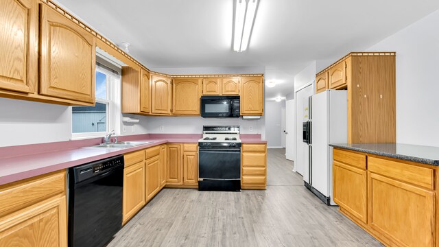 kitchen featuring light wood-style floors, a sink, and black appliances