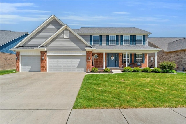 view of front of property featuring covered porch, a front yard, a garage, brick siding, and concrete driveway