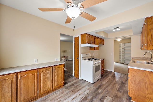 kitchen featuring a sink, wood finished floors, under cabinet range hood, brown cabinets, and white gas range oven