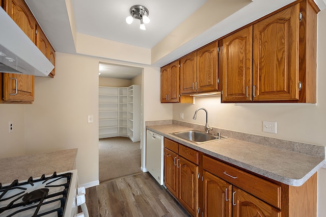kitchen with dark wood-style flooring, a sink, white appliances, brown cabinetry, and range hood