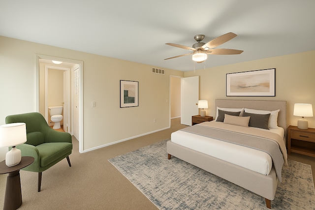 bedroom featuring a ceiling fan, visible vents, carpet floors, baseboards, and ensuite bathroom