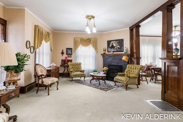201 N Woodworth St, Corunna, MI 48817 - carpeted living room featuring a fireplace and crown molding