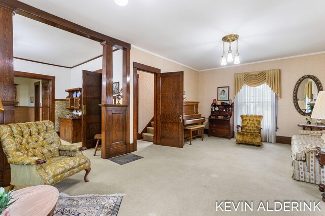 201 N Woodworth St, Corunna, MI 48817 - carpeted living area featuring ornamental molding and stairway