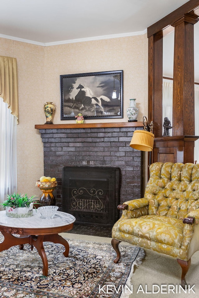 201 N Woodworth St, Corunna, MI 48817 - living room with a fireplace, crown molding, and wallpapered walls