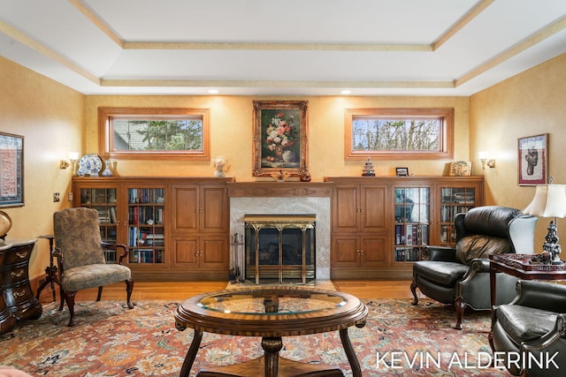 201 N Woodworth St, Corunna, MI 48817 - living area with a raised ceiling, a high end fireplace, light wood-type flooring, and plenty of natural light