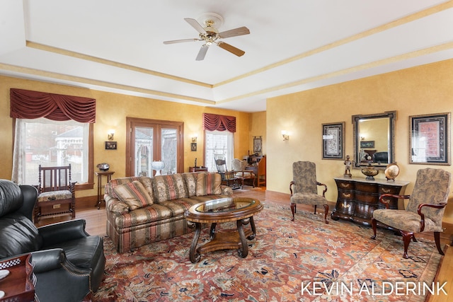 201 N Woodworth St, Corunna, MI 48817 - living area with a raised ceiling, ceiling fan, and wood finished floors