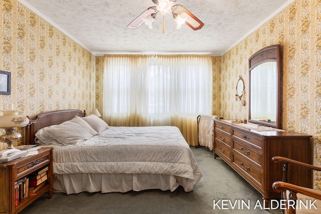 201 N Woodworth St, Corunna, MI 48817 - bedroom featuring wallpapered walls, light colored carpet, a textured ceiling, ceiling fan, and ornamental molding