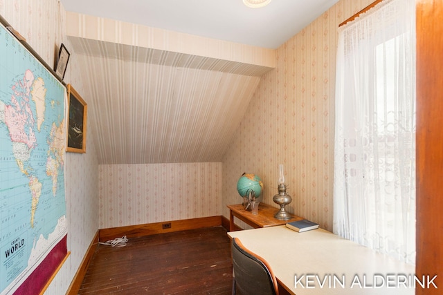 201 N Woodworth St, Corunna, MI 48817 - office with wallpapered walls, dark wood-style floors, and lofted ceiling