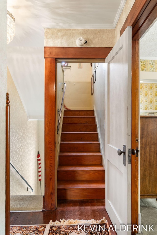 201 N Woodworth St, Corunna, MI 48817 - stairs with wallpapered walls, hardwood / wood-style flooring, and ornamental molding