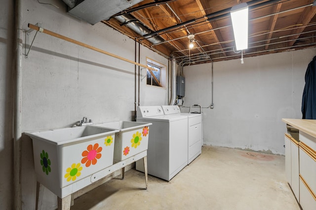 laundry room with laundry area, washer and clothes dryer, a sink, and electric panel