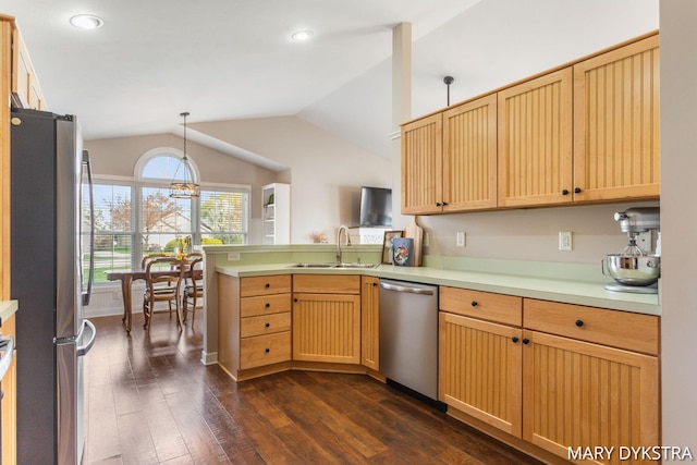 kitchen featuring dark wood-style flooring, a peninsula, lofted ceiling, a sink, and appliances with stainless steel finishes