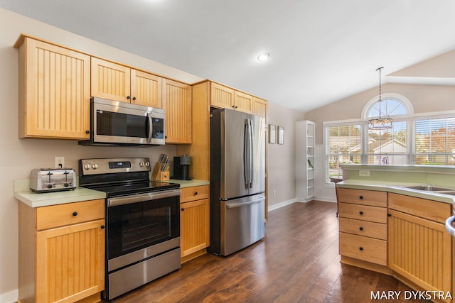 kitchen featuring light brown cabinets, dark wood-style floors, light countertops, vaulted ceiling, and stainless steel appliances
