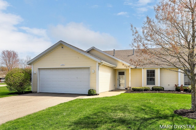 ranch-style house with an attached garage, roof with shingles, driveway, and a front yard