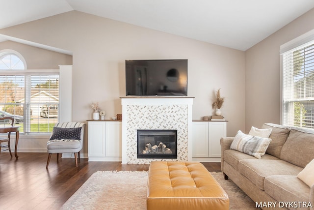 living area with vaulted ceiling, plenty of natural light, wood finished floors, and a fireplace