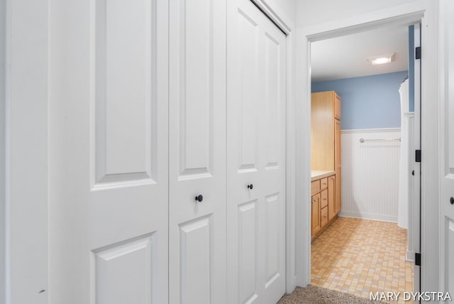 interior space featuring vanity and a wainscoted wall