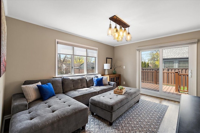 living area featuring crown molding, plenty of natural light, wood finished floors, and a notable chandelier