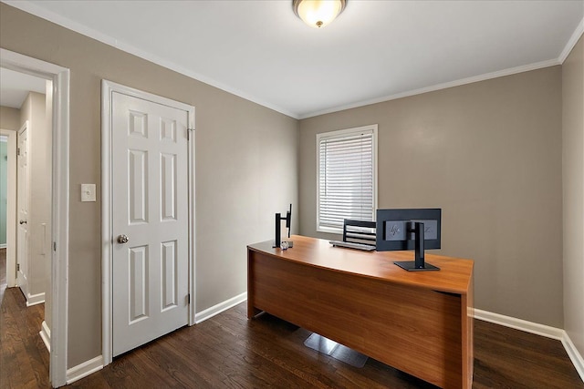 office space with crown molding, baseboards, and dark wood finished floors