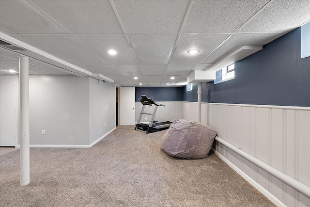 interior space with recessed lighting, carpet, wainscoting, and a paneled ceiling