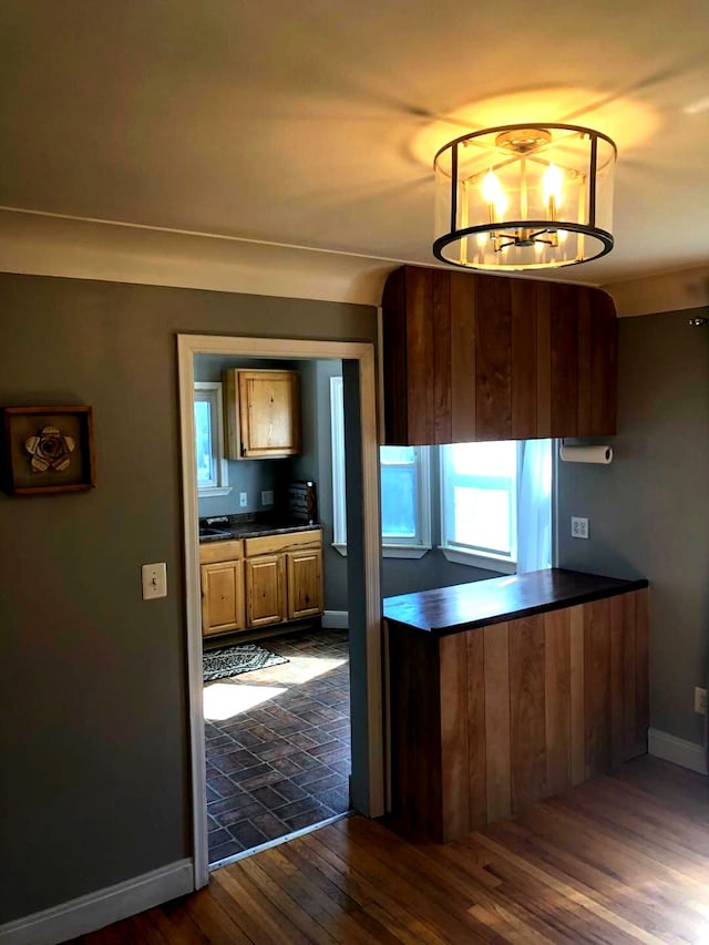 kitchen featuring dark countertops, baseboards, and dark wood-type flooring