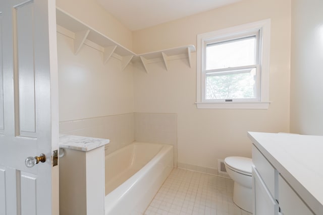 full bath featuring vanity, visible vents, toilet, tile patterned floors, and a bath