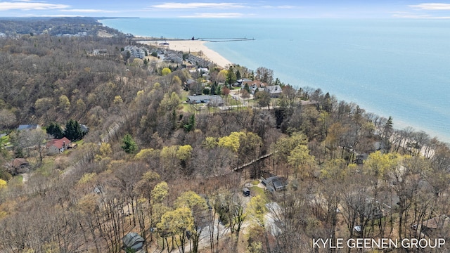 birds eye view of property with a water view and a wooded view