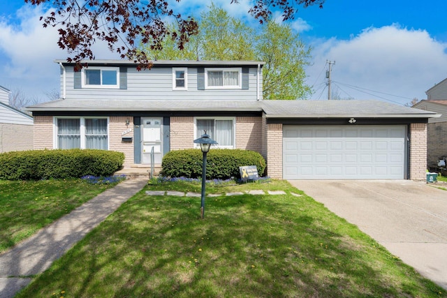 view of front of house with concrete driveway, brick siding, an attached garage, and a front lawn