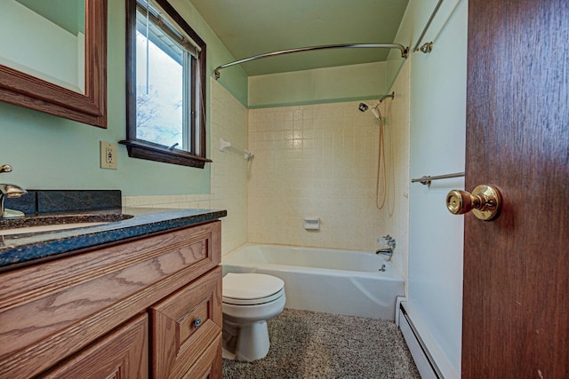 bathroom with vanity, bathtub / shower combination, baseboard heating, and toilet