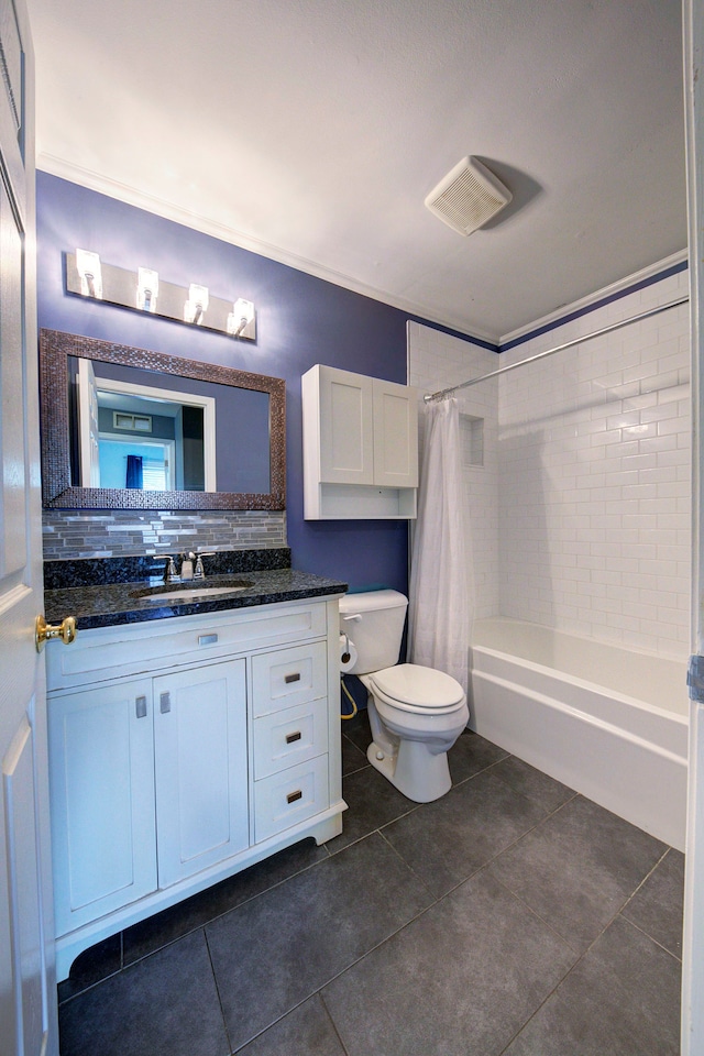 3067 Oakridge, Lake Orion, MI 48360 - bathroom with toilet, tile patterned flooring, shower / bath combination with curtain, vanity, and backsplash