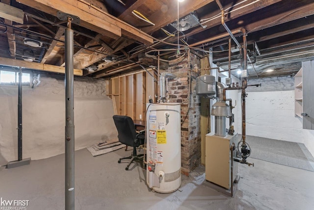 unfinished basement featuring water heater