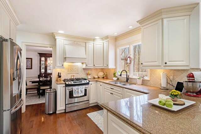 kitchen with a sink, custom exhaust hood, stainless steel appliances, decorative backsplash, and dark wood-style floors