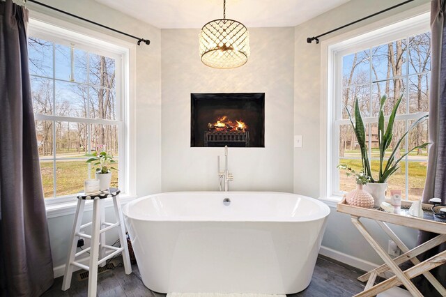 bathroom featuring a soaking tub, wood finished floors, and a wealth of natural light