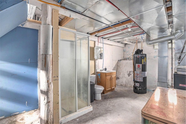 unfinished below grade area featuring water heater and a sink