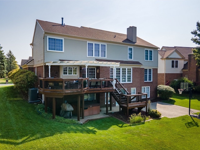 1699 Devonwood Dr, Rochester Hills, MI 48306 - rear view of house with a pergola, central AC, a deck, a chimney, and a patio