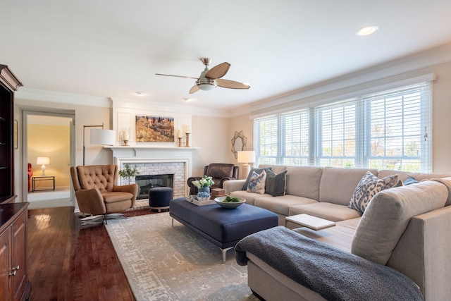 1699 Devonwood Dr, Rochester Hills, MI 48306 - living area with a ceiling fan, dark wood-style flooring, a brick fireplace, ornamental molding, and recessed lighting