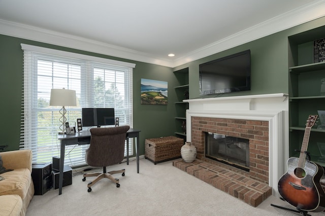 1699 Devonwood Dr, Rochester Hills, MI 48306 - carpeted home office featuring built in features, ornamental molding, a fireplace, and a wealth of natural light