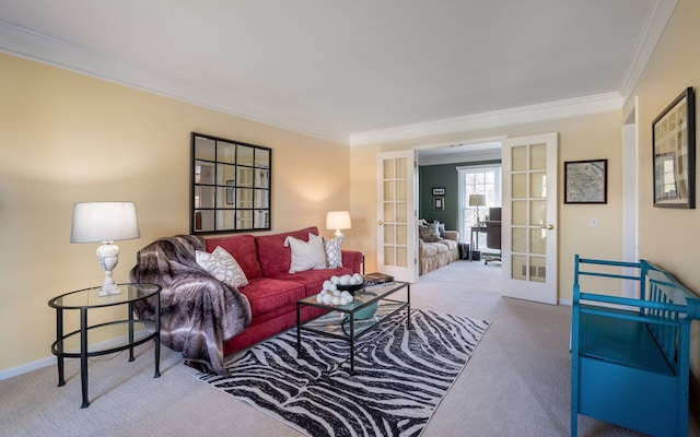 1699 Devonwood Dr, Rochester Hills, MI 48306 - carpeted living room featuring french doors, ornamental molding, and baseboards