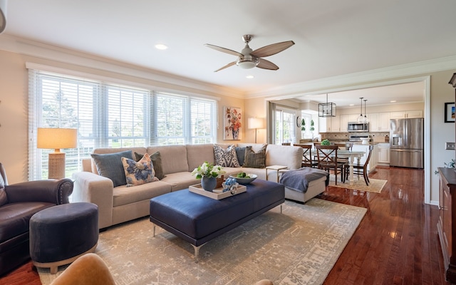 1699 Devonwood Dr, Rochester Hills, MI 48306 - living area featuring a ceiling fan, dark wood finished floors, ornamental molding, and recessed lighting