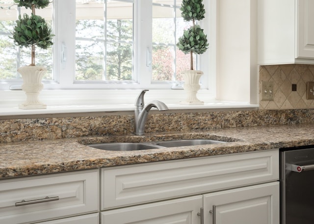 1699 Devonwood Dr, Rochester Hills, MI 48306 - room details with white cabinets, backsplash, stone counters, and a sink