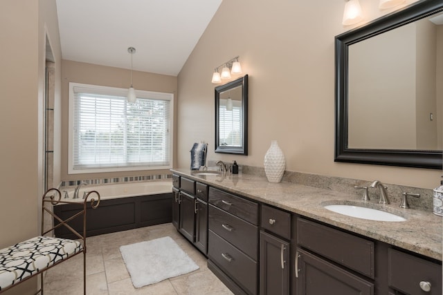 1699 Devonwood Dr, Rochester Hills, MI 48306 - bathroom with a sink, a garden tub, vaulted ceiling, and double vanity