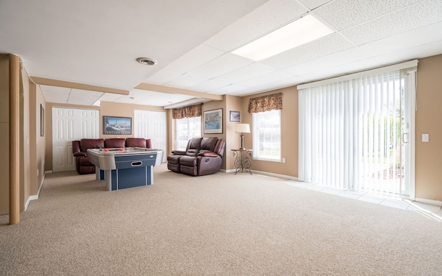 1699 Devonwood Dr, Rochester Hills, MI 48306 - carpeted living room with baseboards, a paneled ceiling, and visible vents