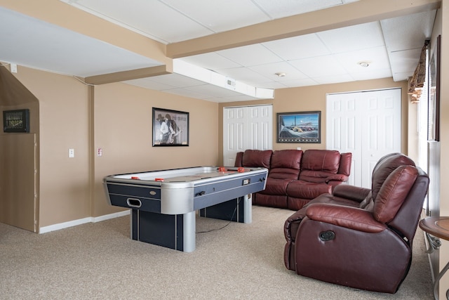 1699 Devonwood Dr, Rochester Hills, MI 48306 - game room with baseboards, carpet flooring, a drop ceiling, and visible vents