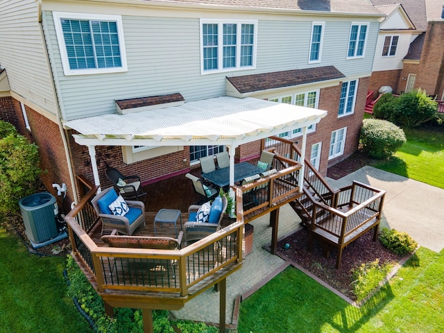 1699 Devonwood Dr, Rochester Hills, MI 48306 - back of property with central AC, a pergola, a wooden deck, a patio, and brick siding