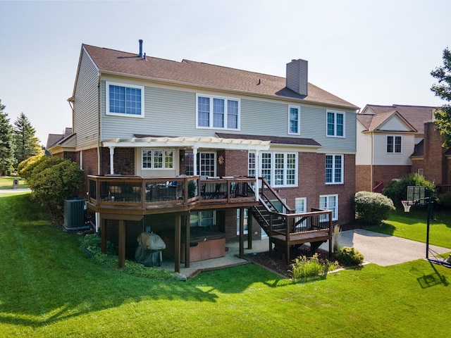 1699 Devonwood Dr, Rochester Hills, MI 48306 - back of property featuring a chimney, a deck, central AC unit, a patio, and a pergola