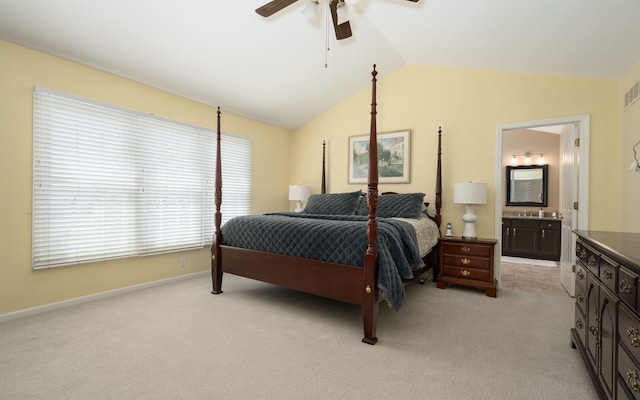 1699 Devonwood Dr, Rochester Hills, MI 48306 - bedroom with connected bathroom, ceiling fan, light carpet, visible vents, and vaulted ceiling