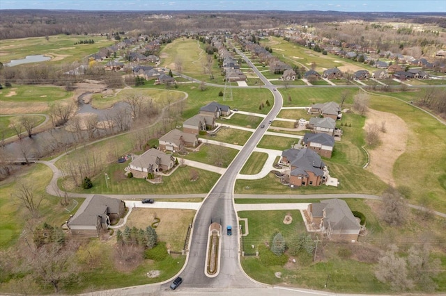 aerial view featuring a water view, a residential view, and golf course view