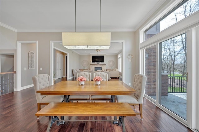 dining space with crown molding, baseboards, dark wood-style floors, and a fireplace