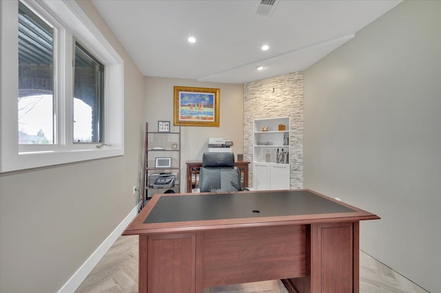 office with baseboards, recessed lighting, and visible vents