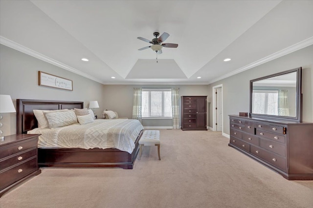 bedroom with ornamental molding, light carpet, a tray ceiling, and recessed lighting