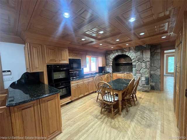 3015 E Village Ln, Port Huron, MI 48060 - kitchen with light wood-type flooring, recessed lighting, wood ceiling, dark stone countertops, and coffered ceiling