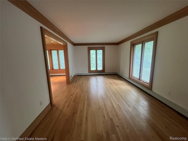 3015 E Village Ln, Port Huron, MI 48060 - empty room with ornamental molding, baseboards, light wood-type flooring, and baseboard heating